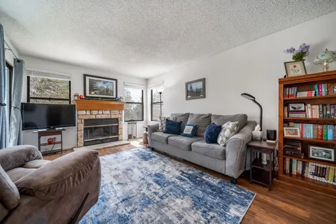 a living room with fireplace furniture and a flat screen tv