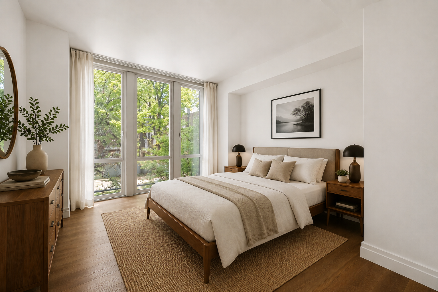 177 9th Avenue, Unit 3K Manhattan, NY 10011 - Photo 7 of 14 a bedroom with a large bed and a flat tv screen on dresser