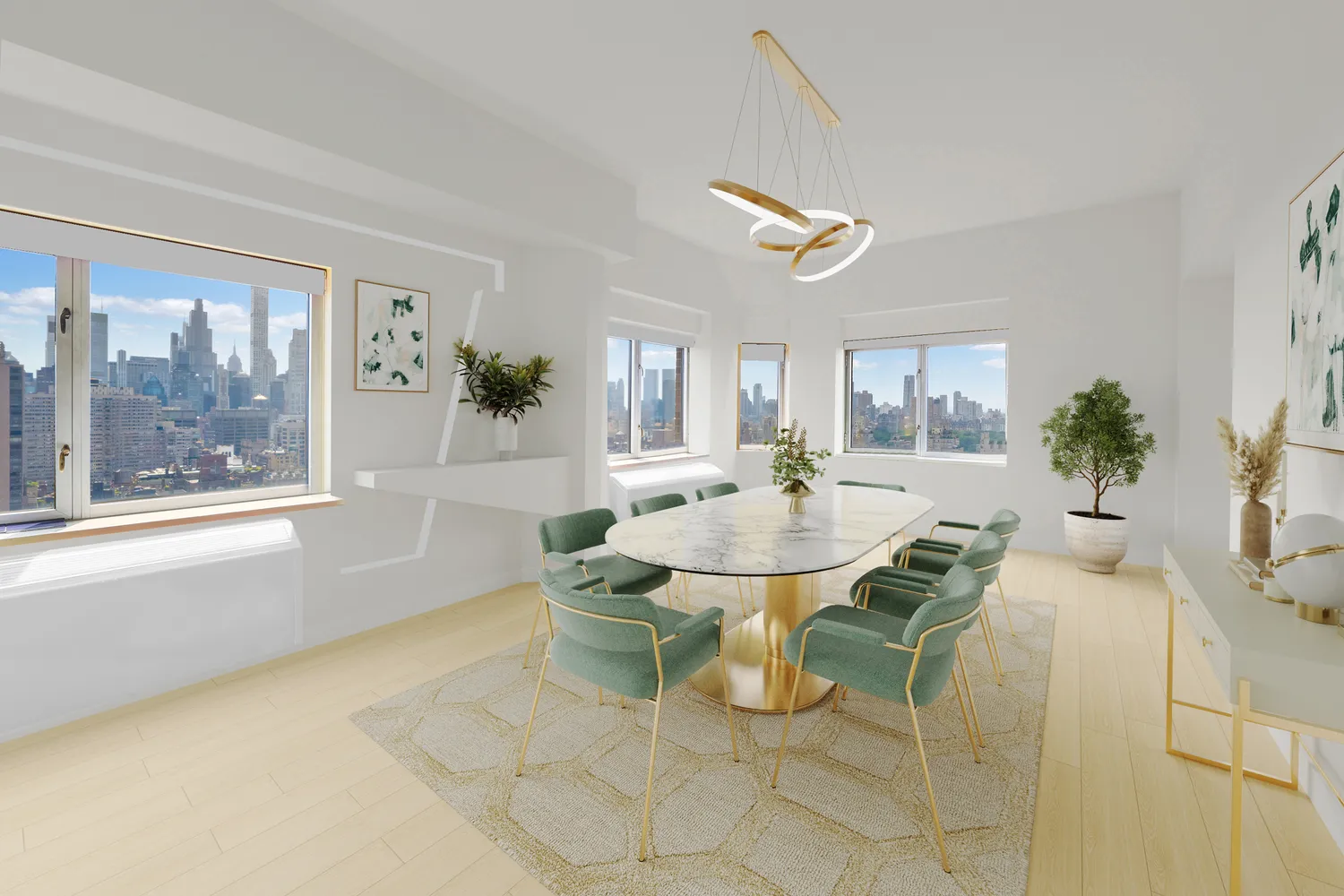 a view of a dining room with furniture and a potted plant