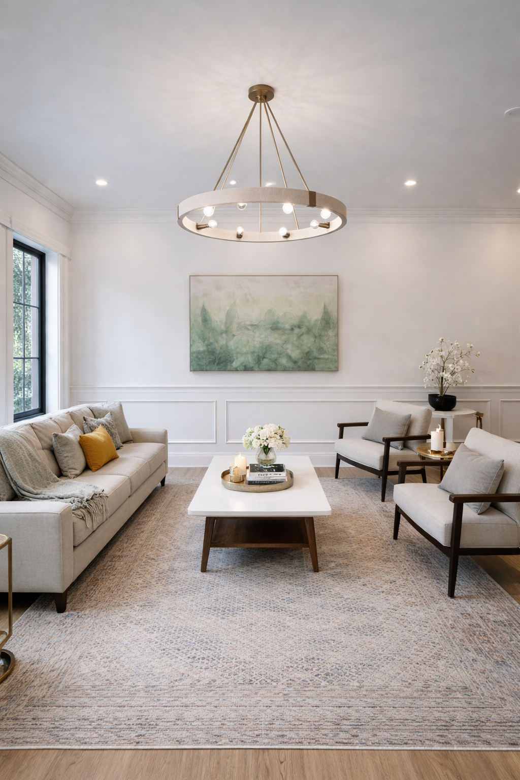 a living room with furniture and a chandelier