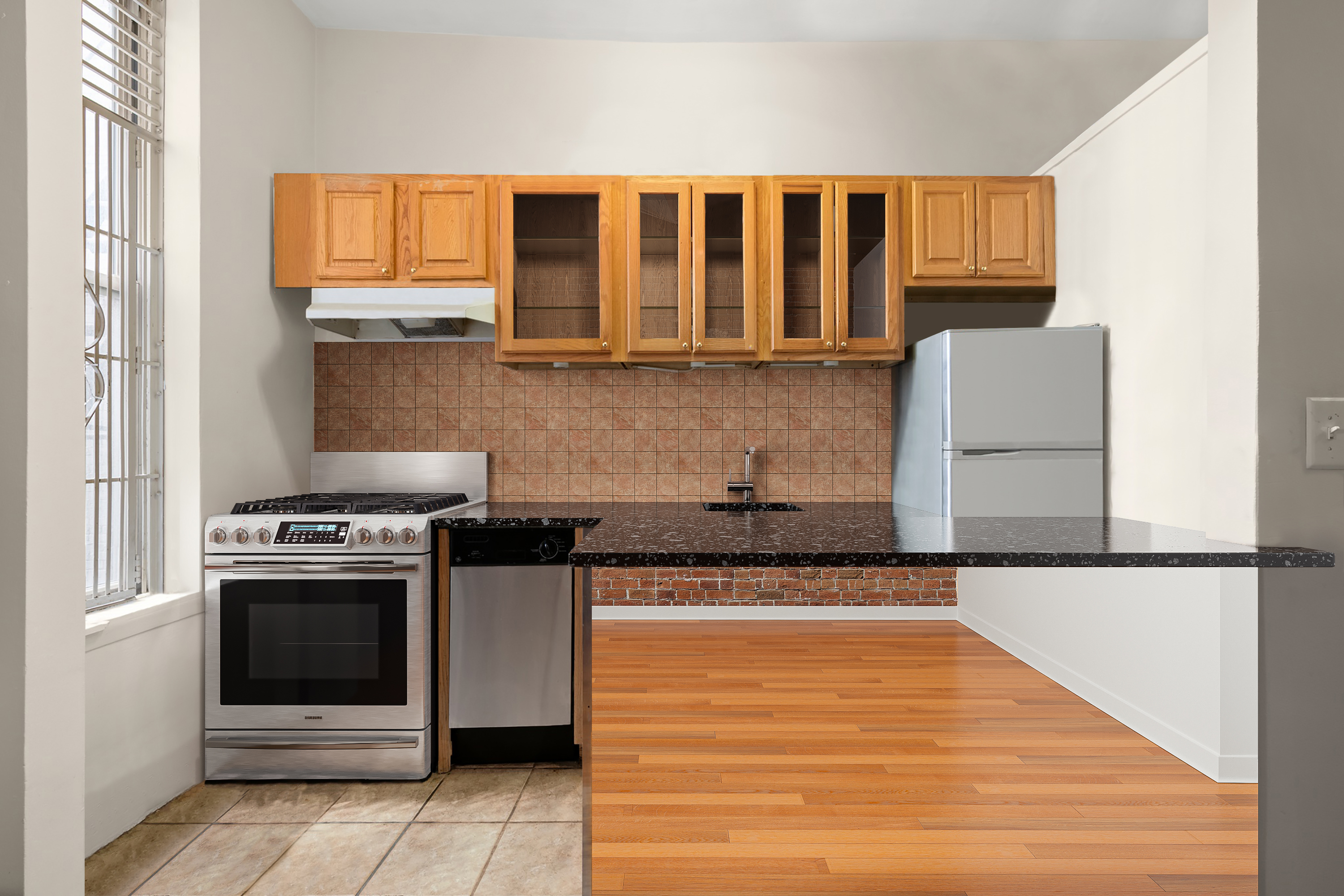 305 West 55th Street, Unit 2B Manhattan, NY 10019 - Photo 5 of 9 a kitchen with stainless steel appliances granite countertop a stove a sink and a microwave