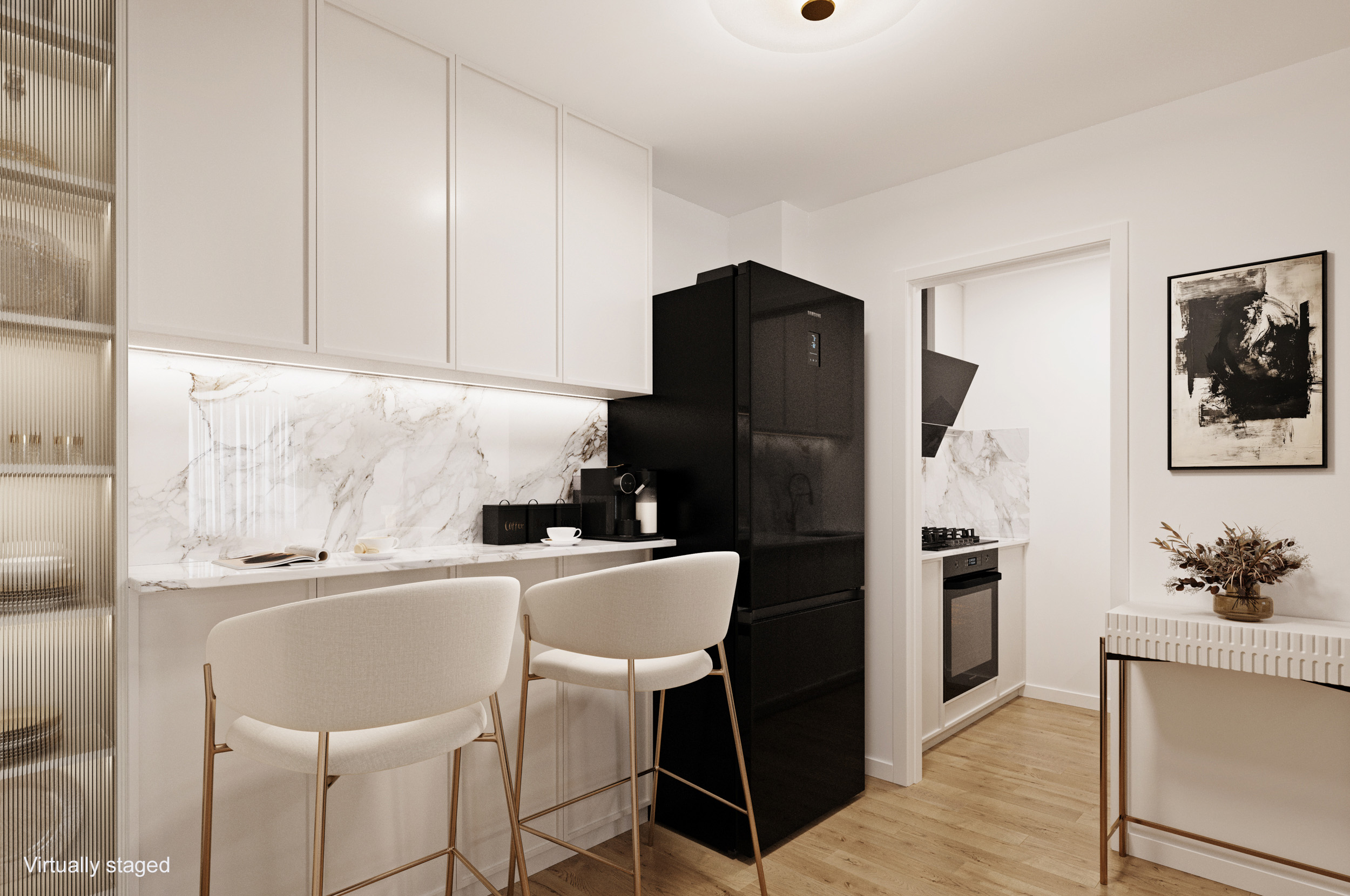 408 West 34th Street, Unit 1F Manhattan, NY 10001 - Photo 4 of 13 a kitchen with a refrigerator and a stove top oven