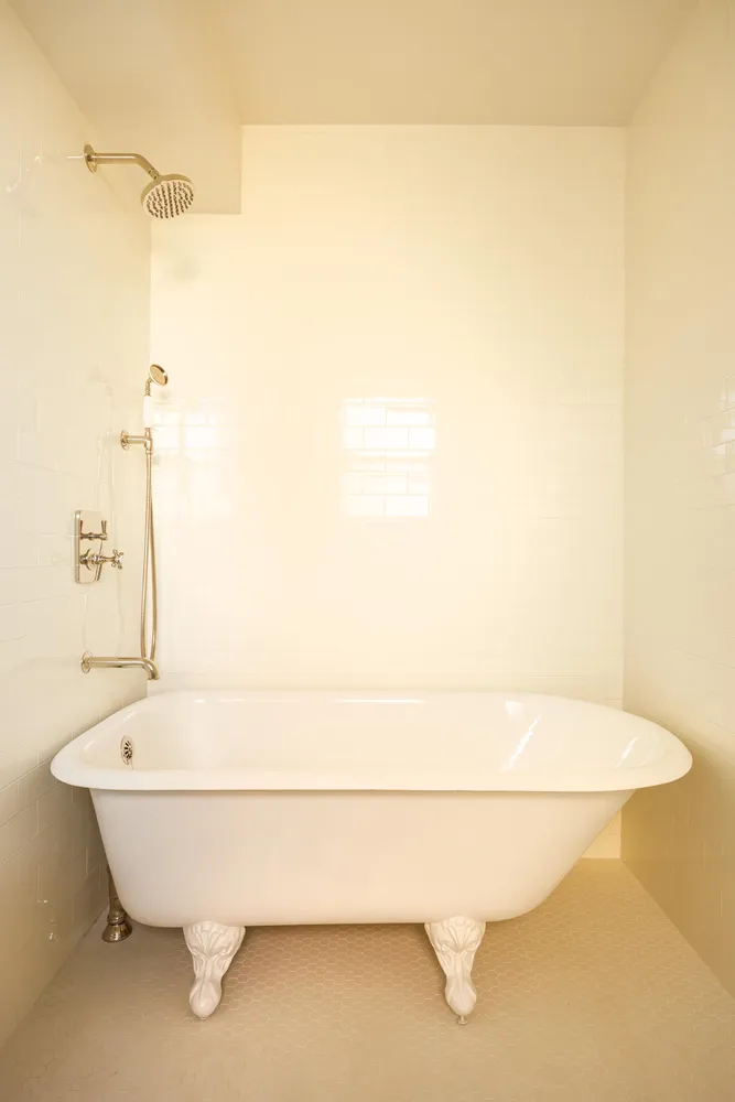 a bathroom with a white tub