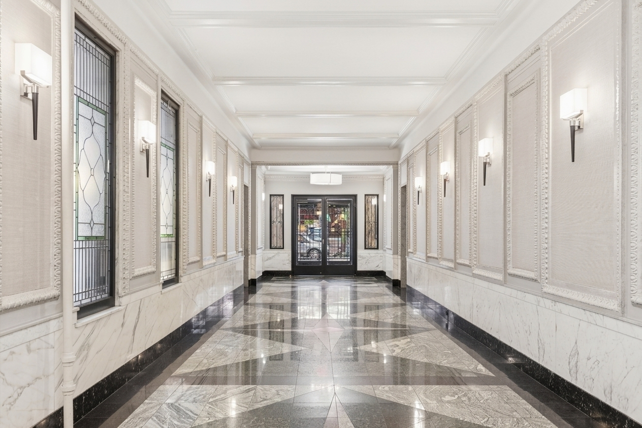 17 East 97th Street, Unit 5A Manhattan, NY 10029 - Photo 23 of 25 a view of a hallway with windows and brick walls
