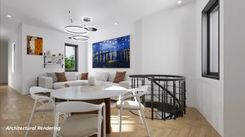 a view of a dining room with furniture