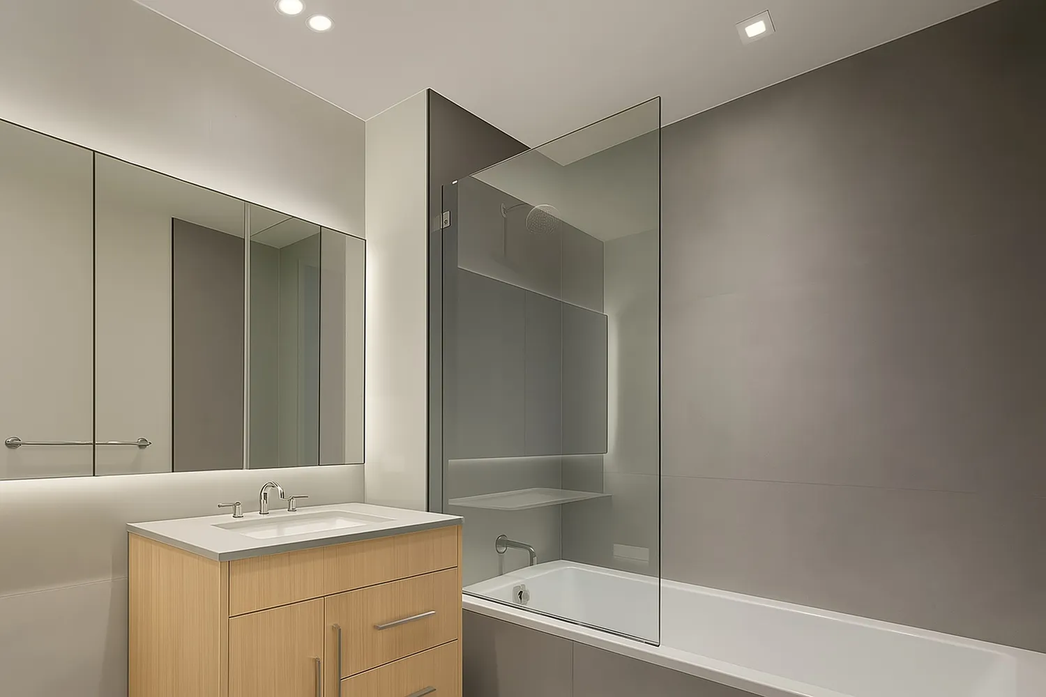 a bathroom with a sink toilet vanity and tub