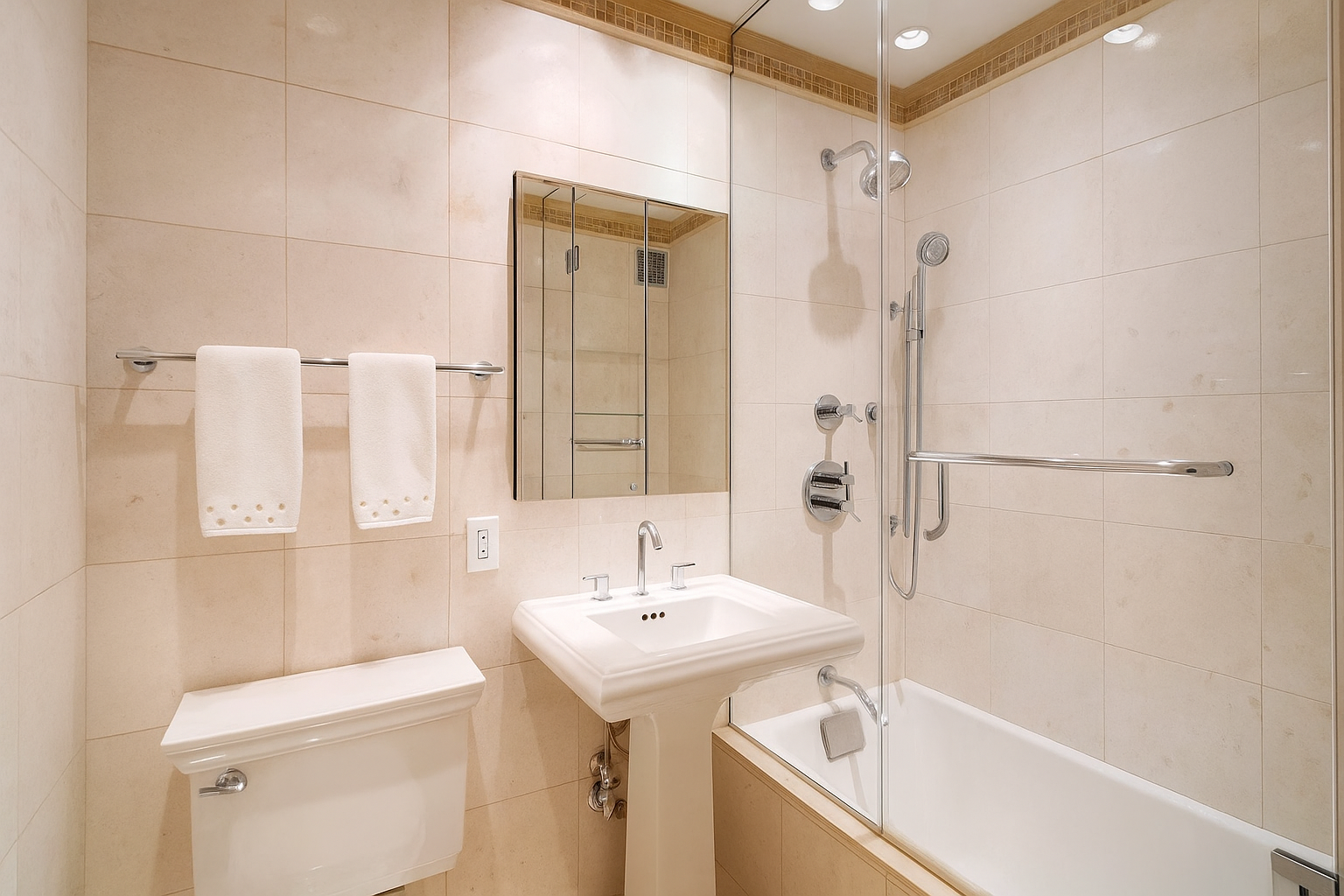 300 East 74th Street, Unit 18E Manhattan, NY 10021 - Photo 7 of 10 a bathroom with a sink a toilet and shower