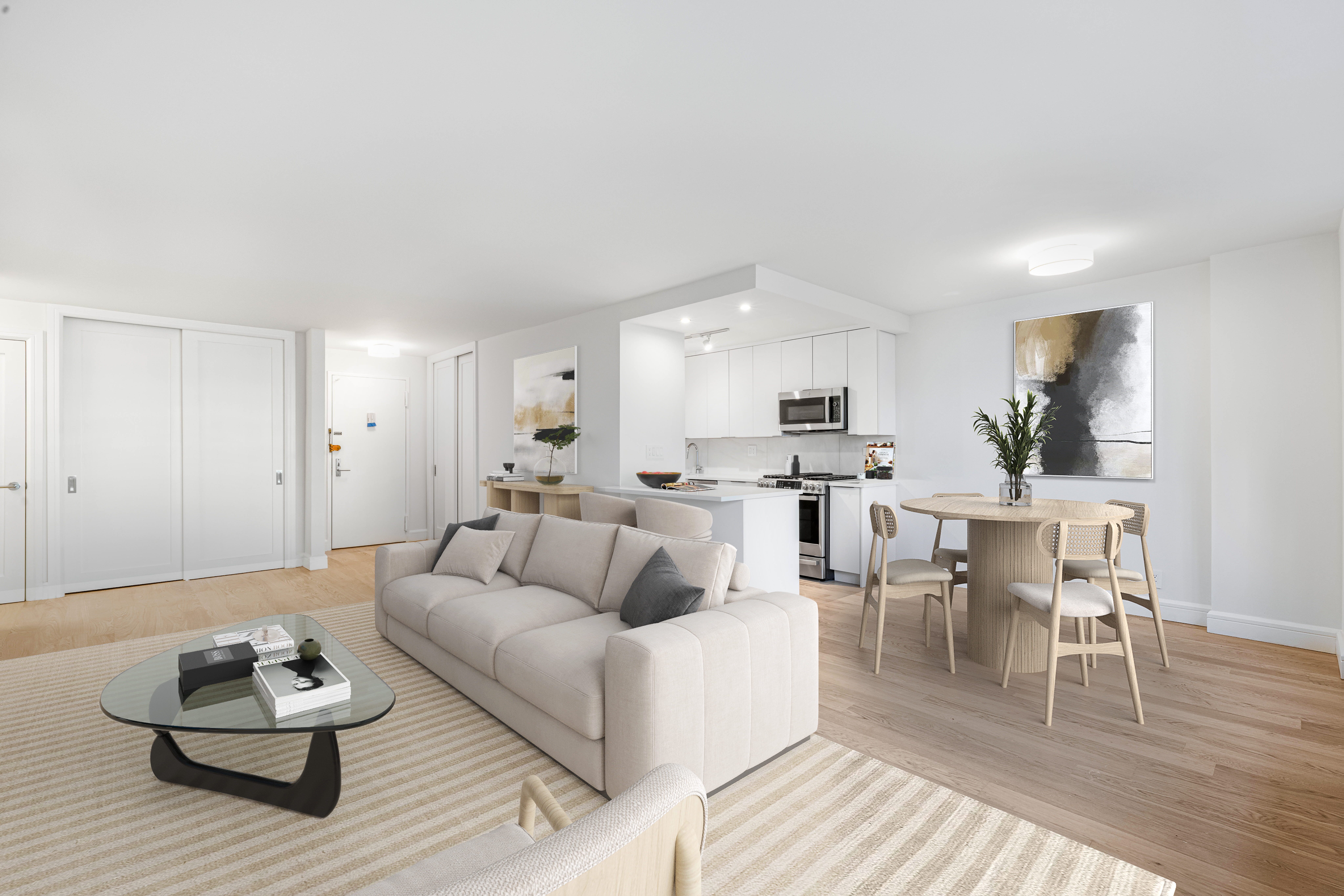 150 West End Avenue, Unit 16H Manhattan, NY 10023 - Photo 5 of 13 a living room with furniture kitchen view and a wooden floor