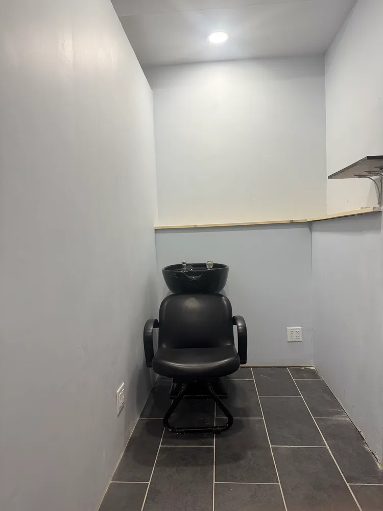 a room with a chair and a potted plant