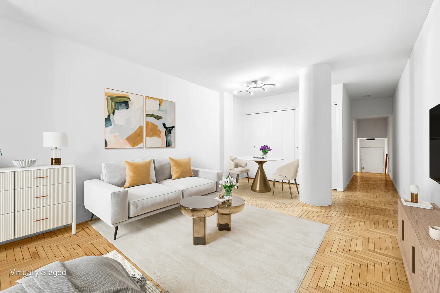 a living room with furniture and a table