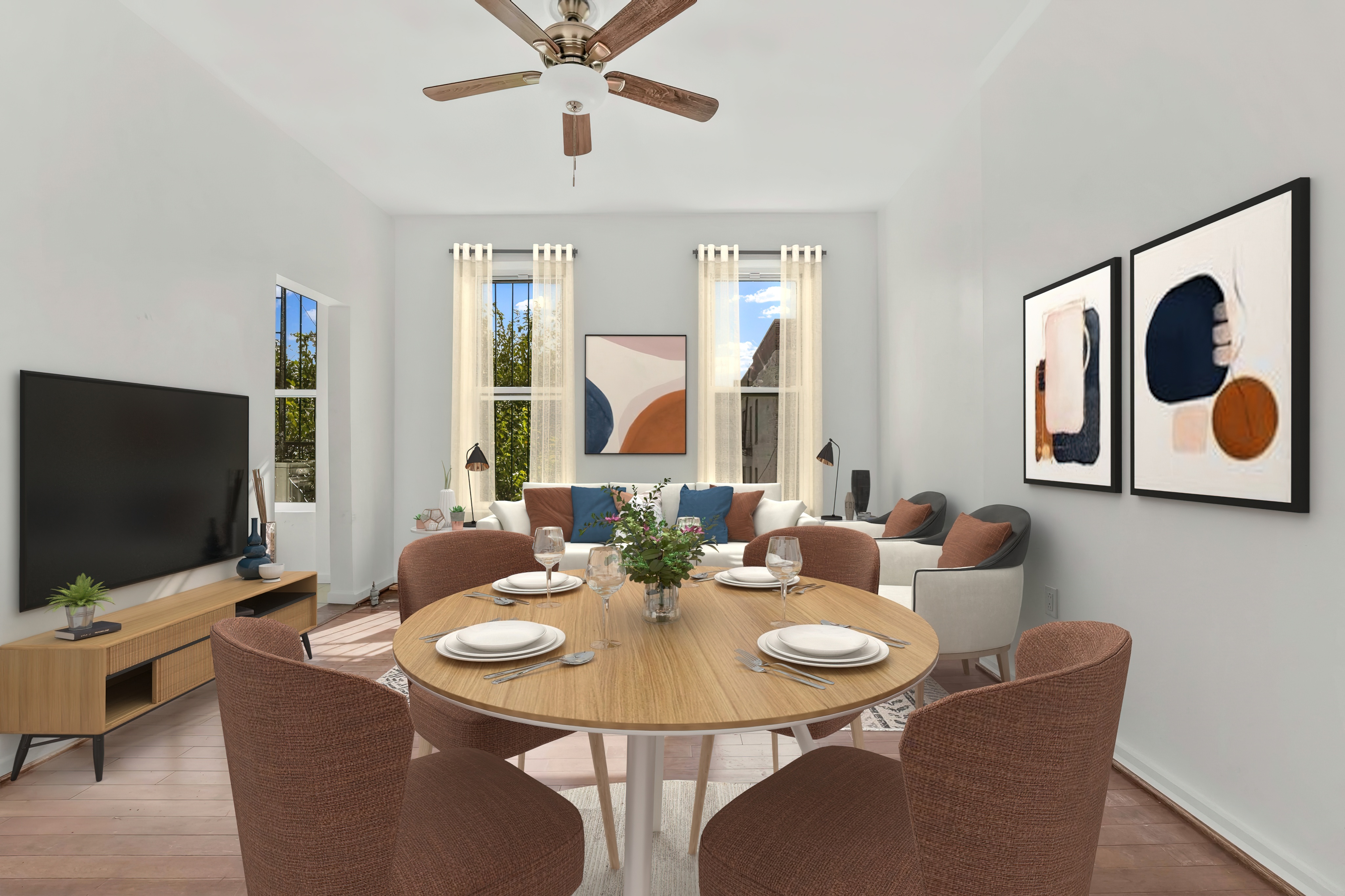 238 Vernon Avenue, Unit 3 Brooklyn, NY 11206 - Photo 7 of 19 a dining room with furniture a chandelier and a flat screen tv