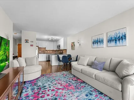 a living room with furniture and a rug