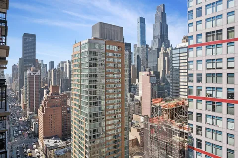 a city view with tall buildings