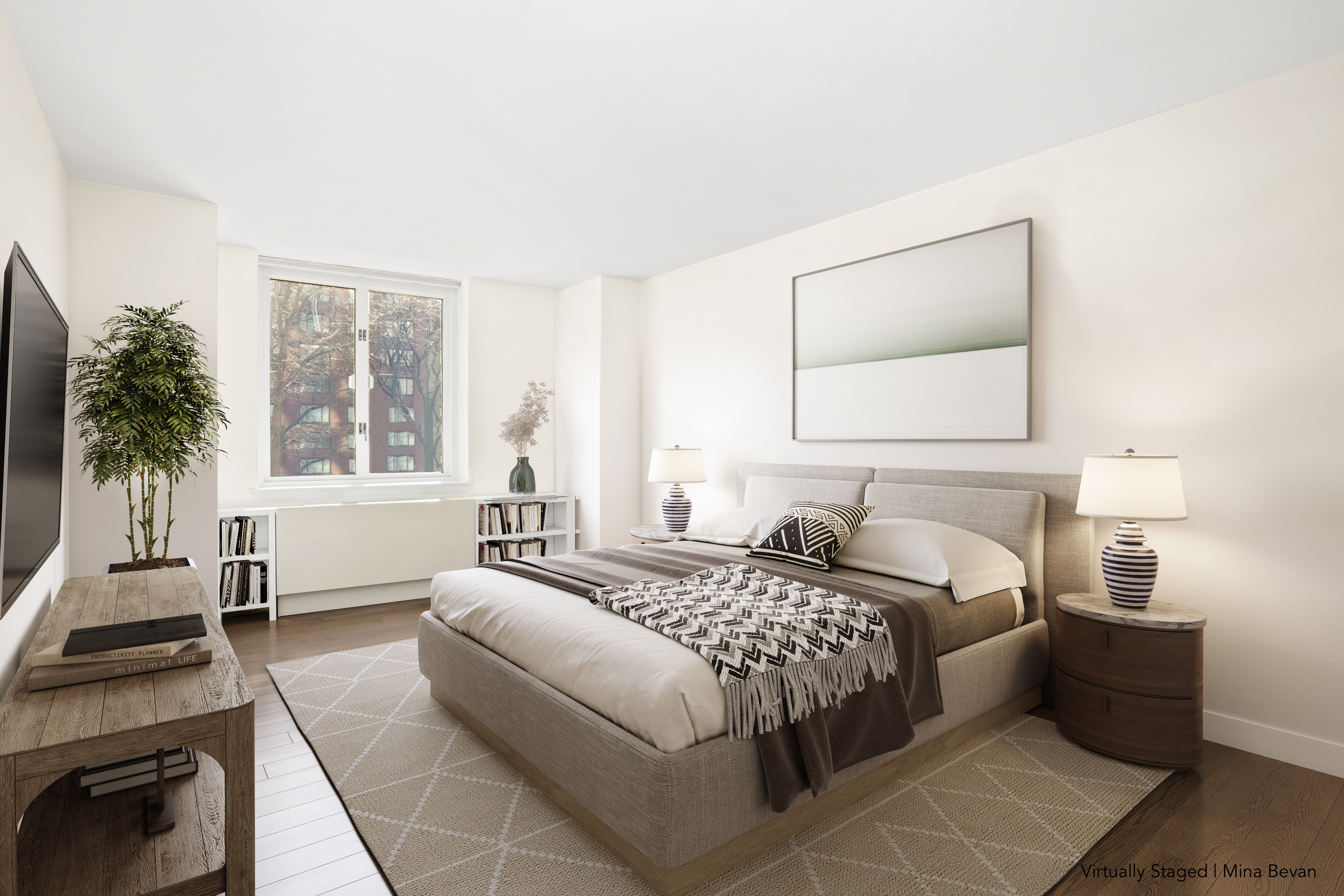 225 Rector Place, Unit 2D Manhattan, NY 10280 - Photo 5 of 17 a bedroom with a bed a couch and dresser