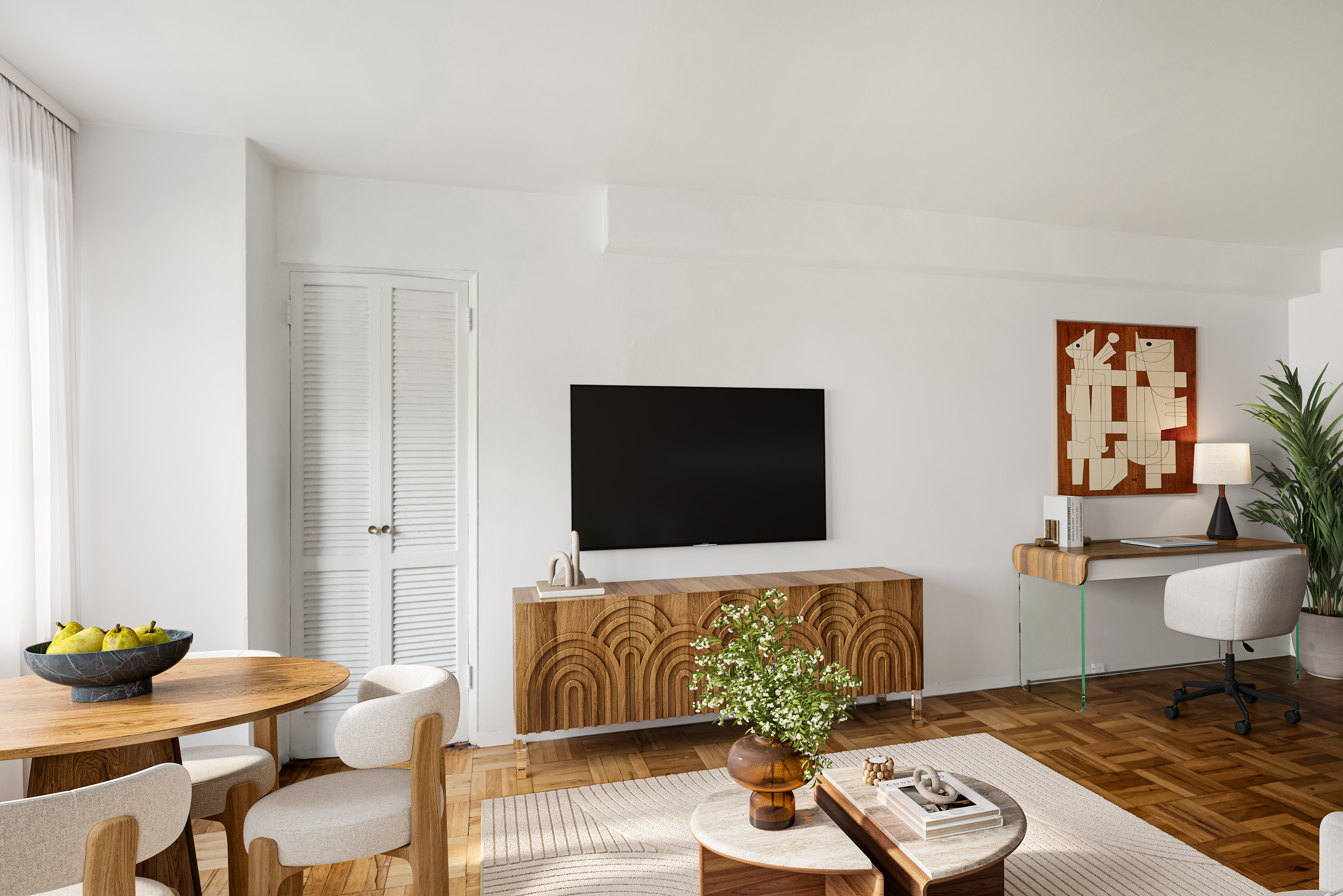 69 West 9th Street, Unit 8H Manhattan, NY 10011 - Photo 2 of 6 a living room with furniture and a flat screen tv