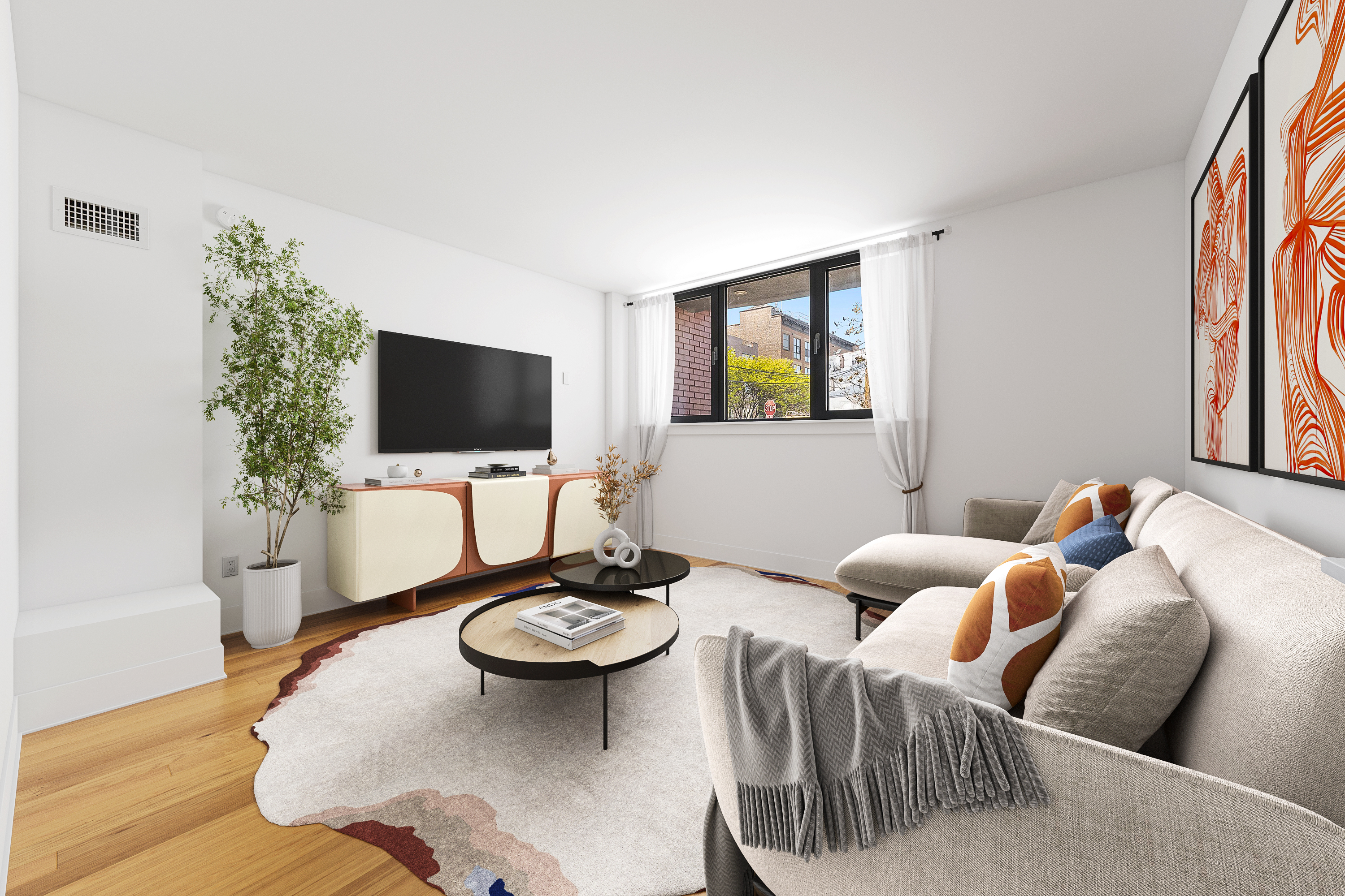 280 Nassau Avenue, Unit 1A Brooklyn, NY 11222 - Photo 2 of 9 a living room with furniture and a flat screen tv