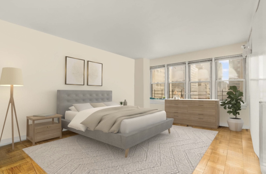 155 East 38th Street, Unit 5G Manhattan, NY 10016 - Photo 4 of 7 a bedroom with a large bed and large windows