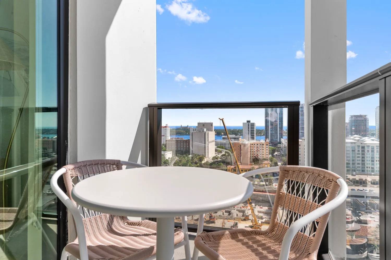 a city view with tall buildings