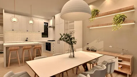 a kitchen with a table chairs sink and cabinets