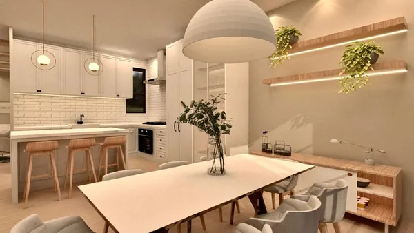 a kitchen with a table chairs sink and cabinets