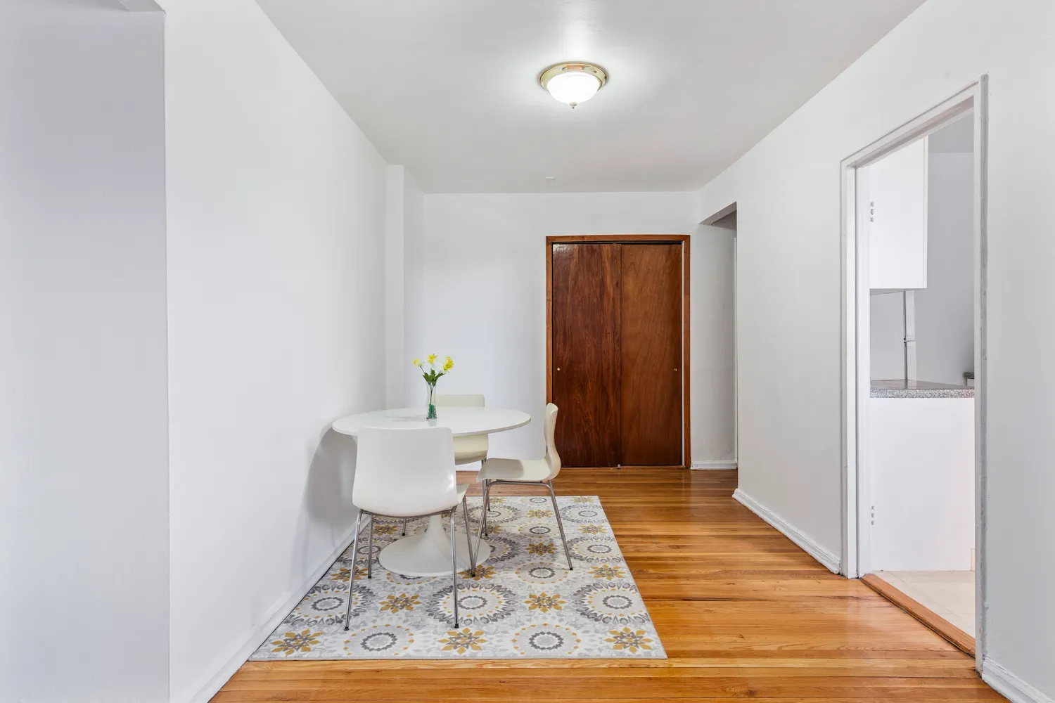 a hallway with table and a potted plant