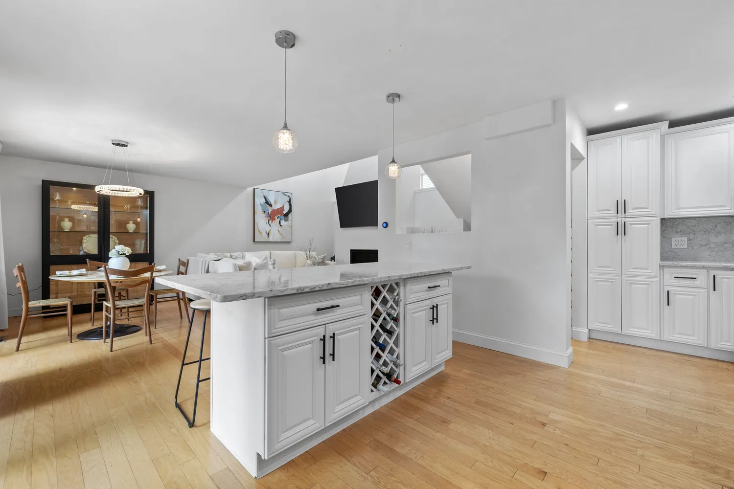 a kitchen with counter top space and cabinets