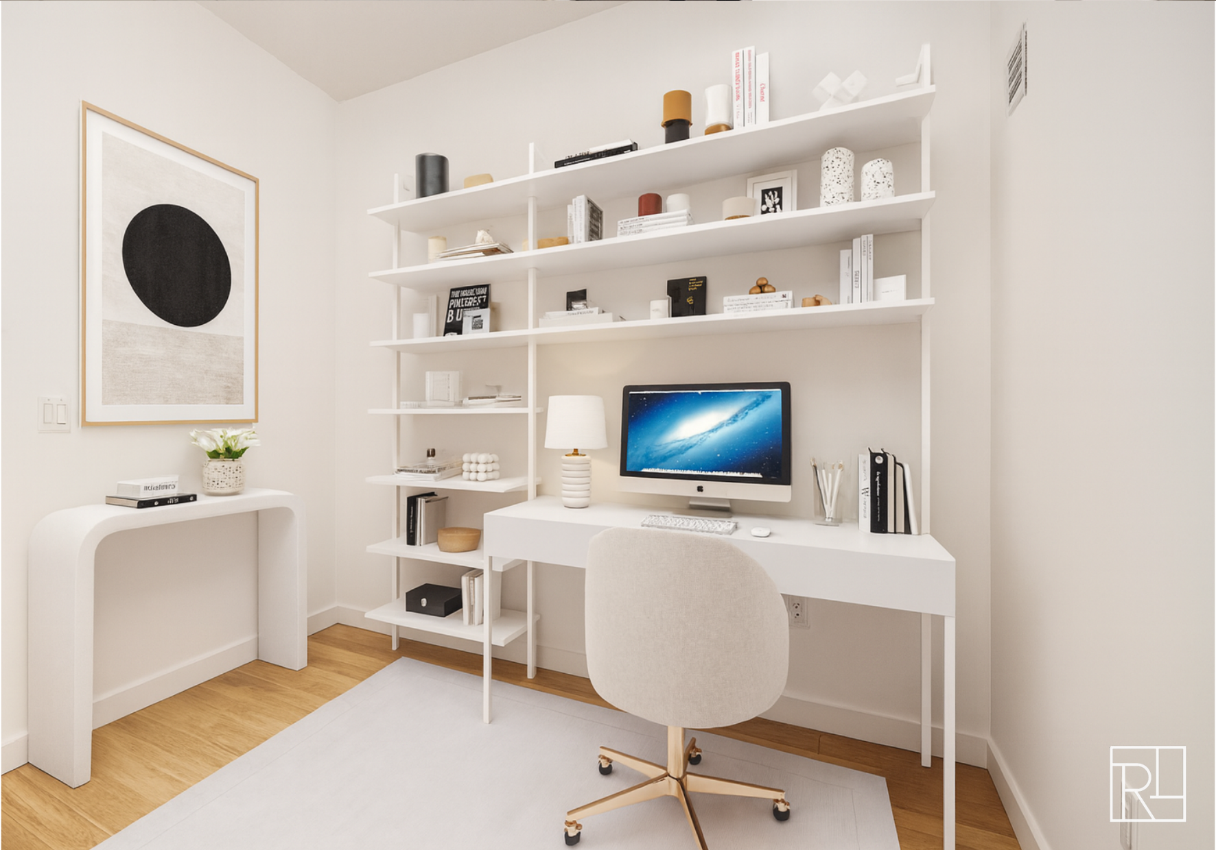 75 Wall Street, Unit 28D Manhattan, NY 10005 - Photo 6 of 35 a workspace with furniture and a flat screen tv