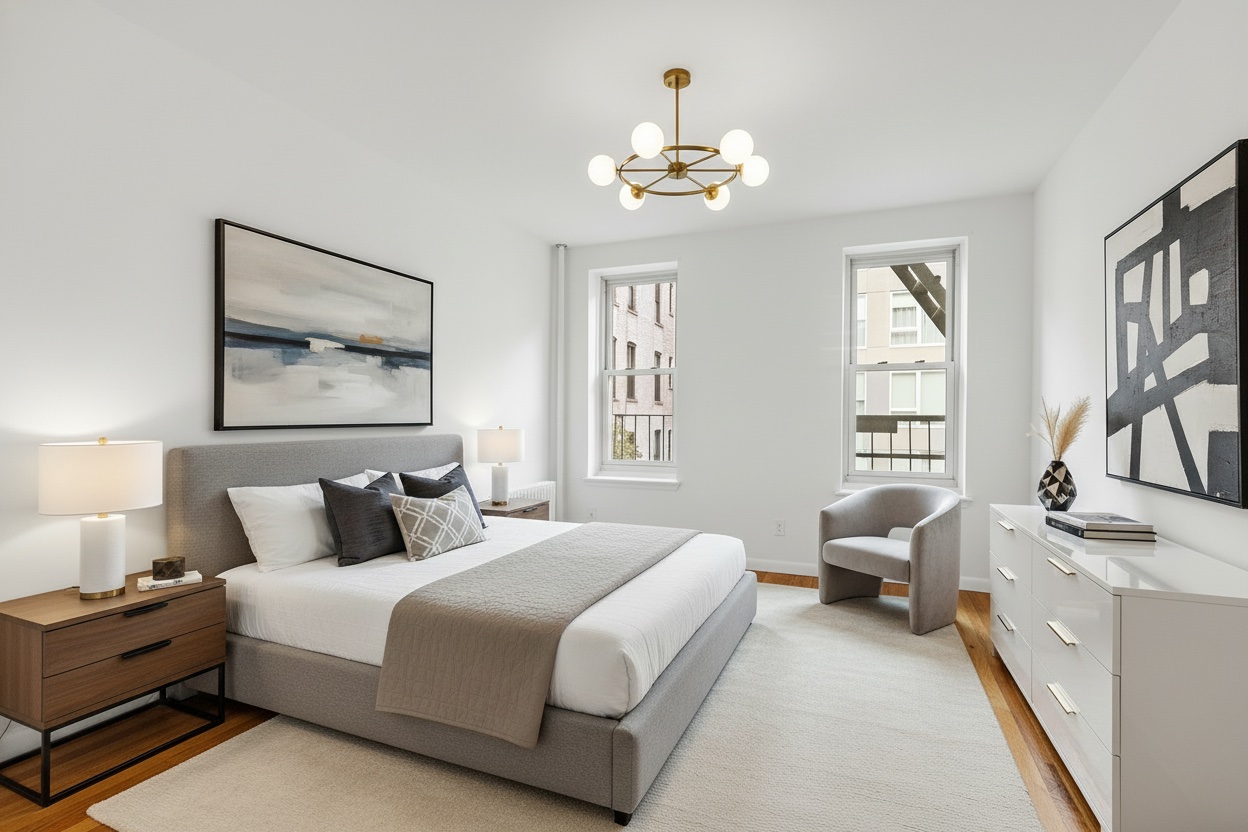 323 West 43rd Street, Unit 4R Manhattan, NY 10036 - Photo 5 of 14 a spacious bedroom with a bed and a chandelier
