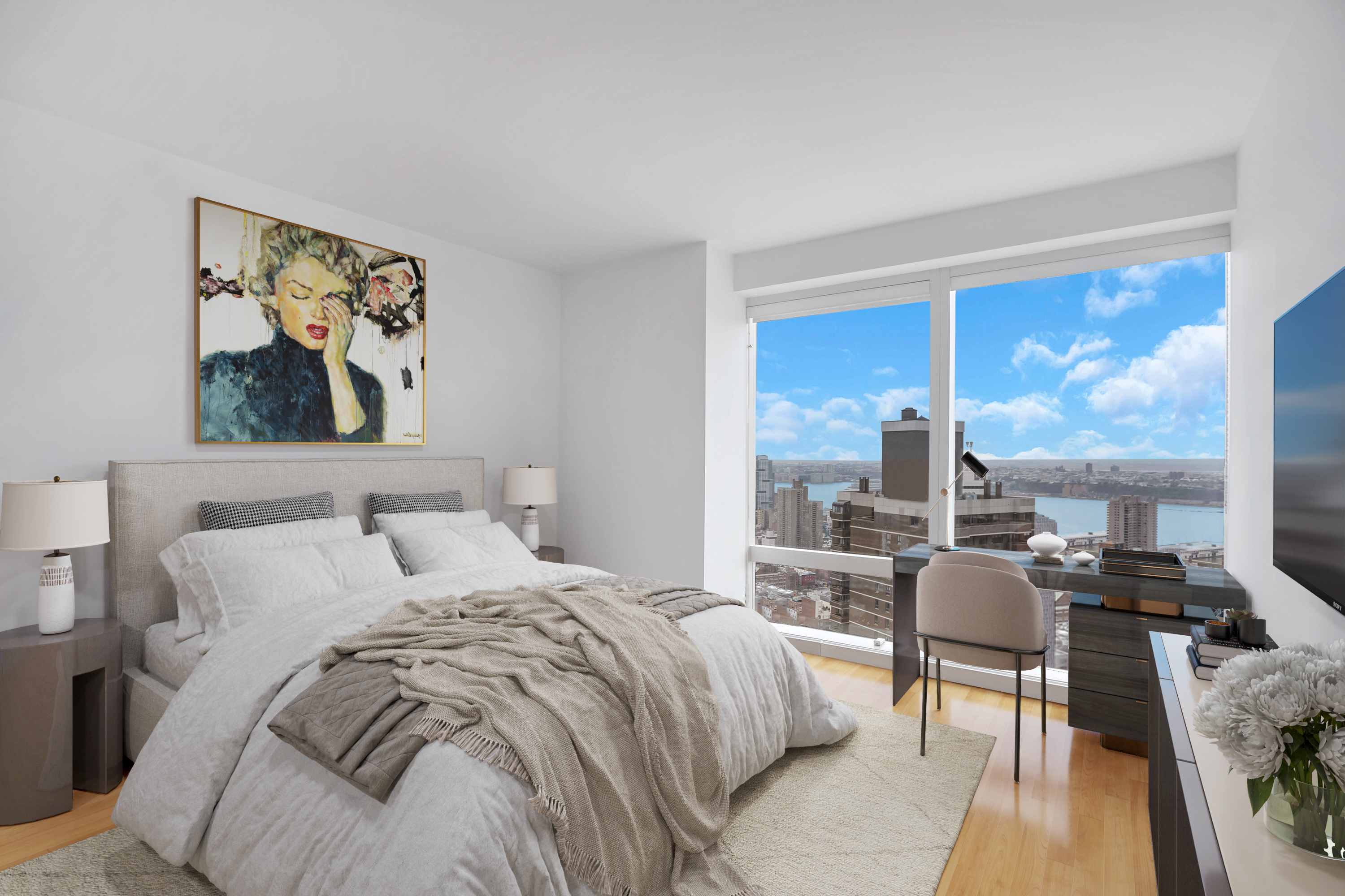 25 Columbus Circle, Unit 59F Manhattan, NY 10019 - Photo 3 of 15 a bed room with a bed and a large window