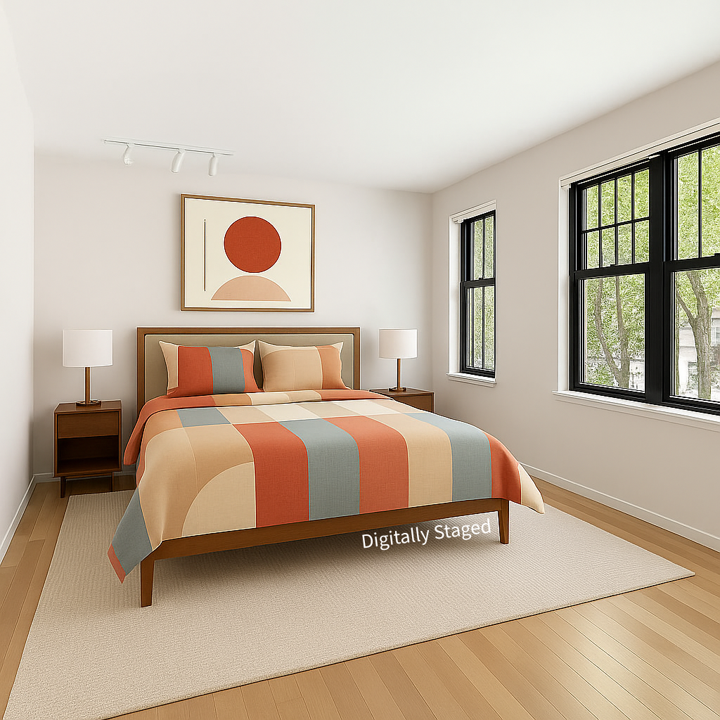 a bedroom with a bed and window