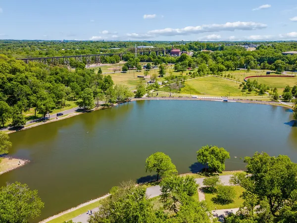 a view of a lake with a houses