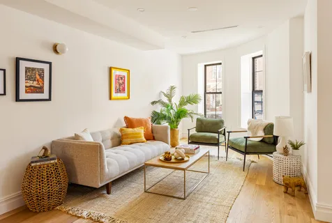 a living room with furniture and a potted plant