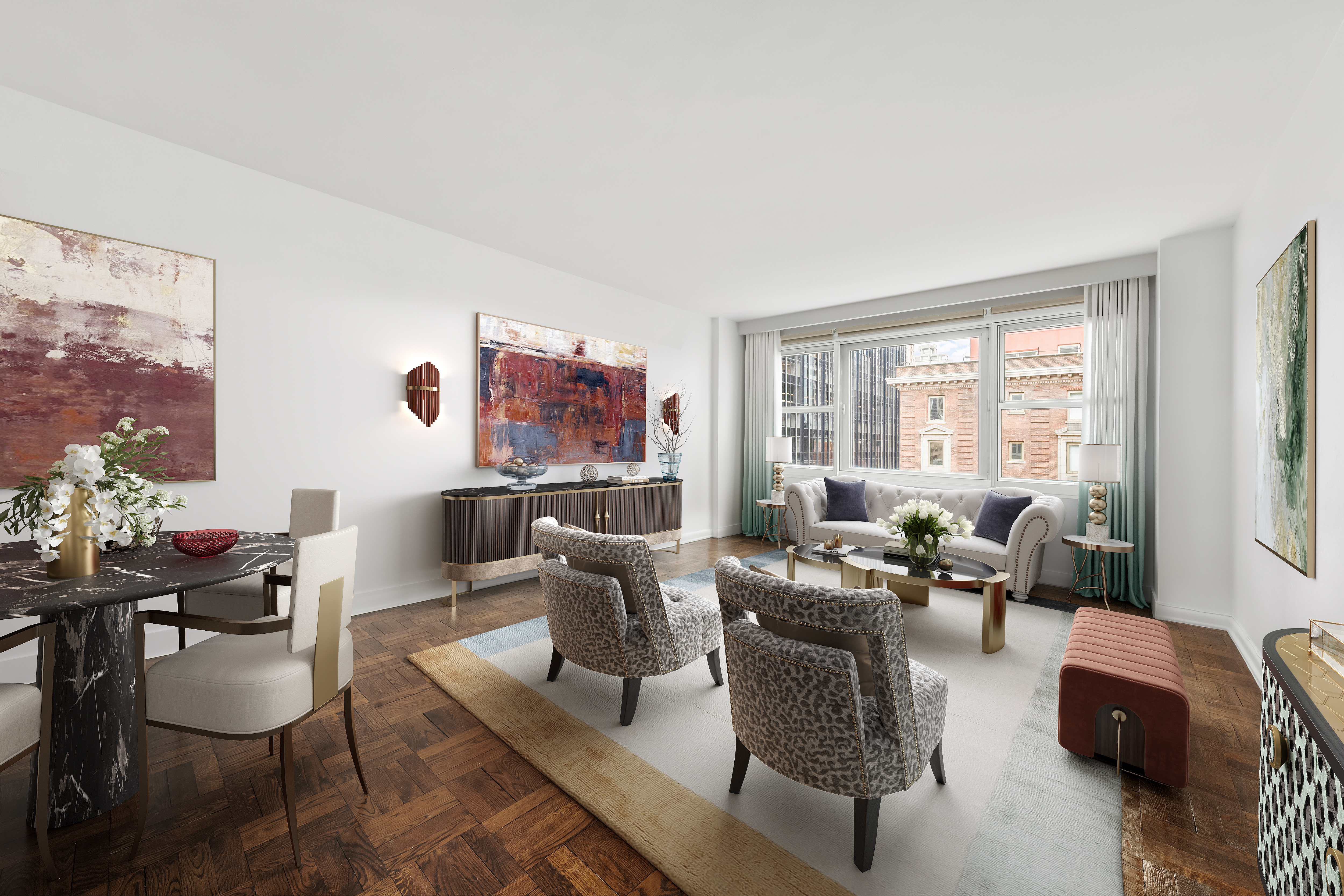 77 West 55th Street, Unit 17F Manhattan, NY 10019 - Photo 1 of 12 a living room with furniture large window and flat screen tv