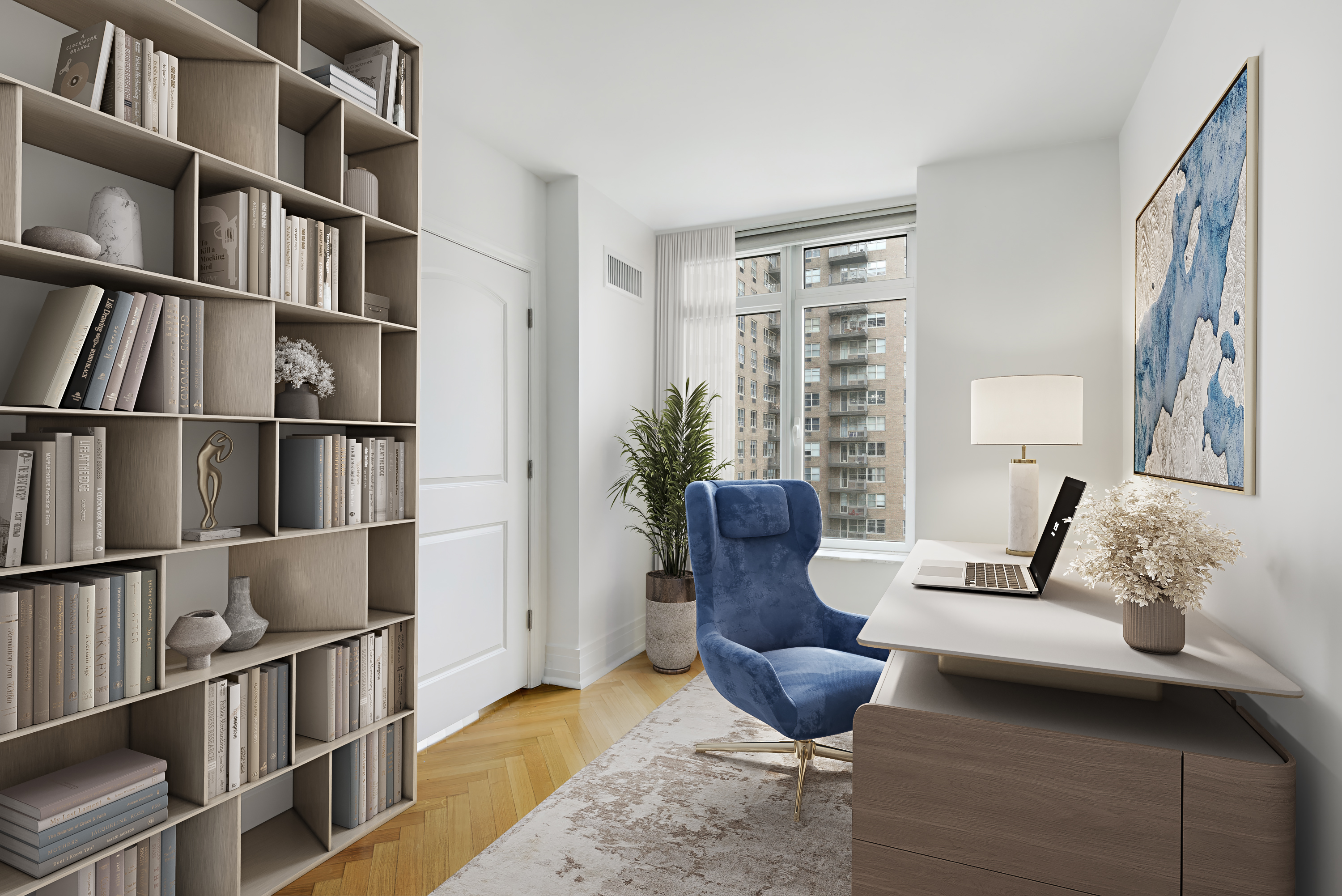205 East 85th Street, Unit 12H Manhattan, NY 10028 - Photo 3 of 19 a living room with furniture cabinets and book shelf