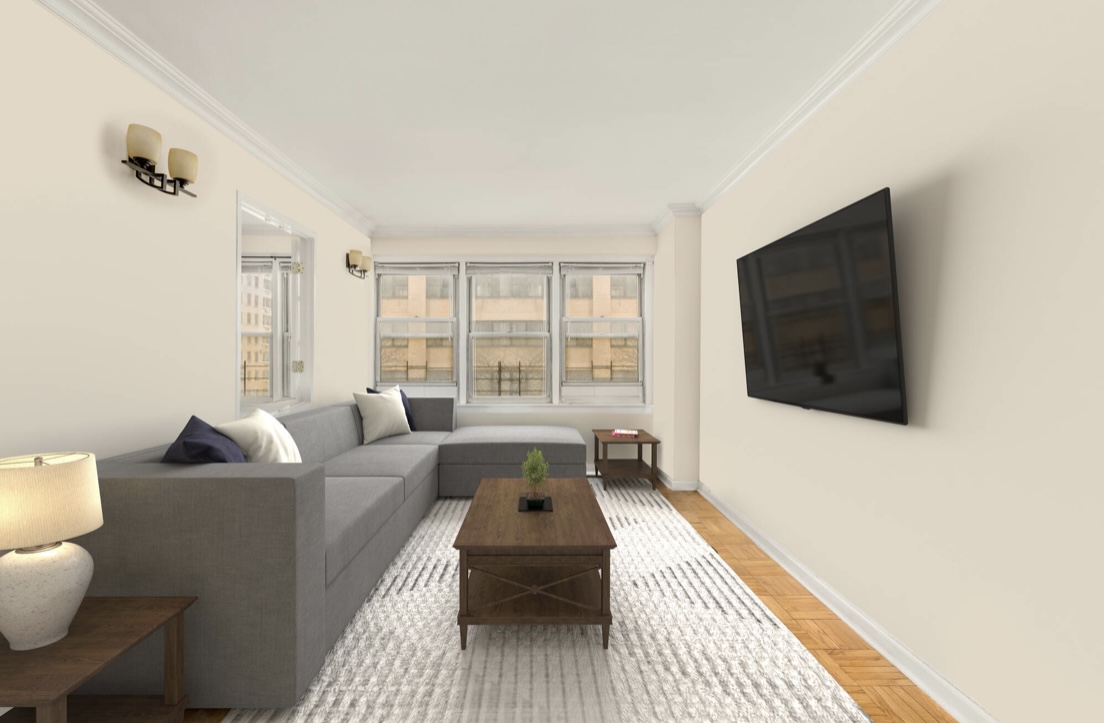 155 East 38th Street, Unit 5G Manhattan, NY 10016 - Photo 1 of 7 a living room with furniture and a flat screen tv