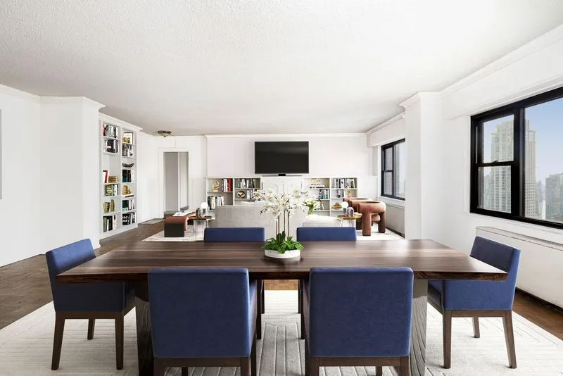 a view of a dining room with furniture