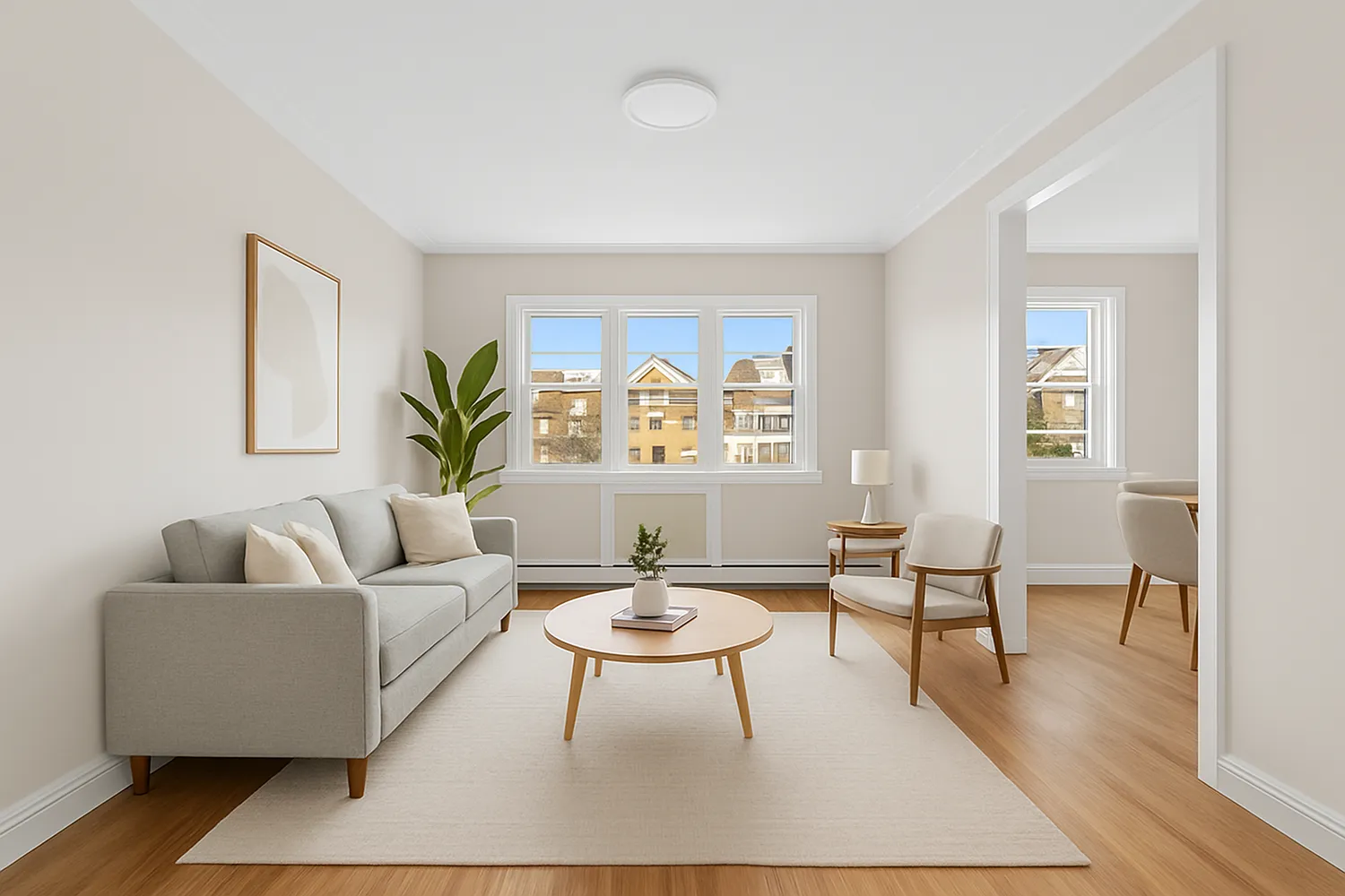 a living room with furniture a rug a table and a potted plant