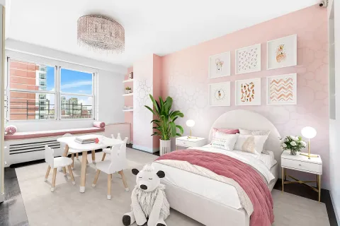 a bedroom with a bed and a table