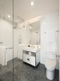 a bathroom with a sink a toilet and shower