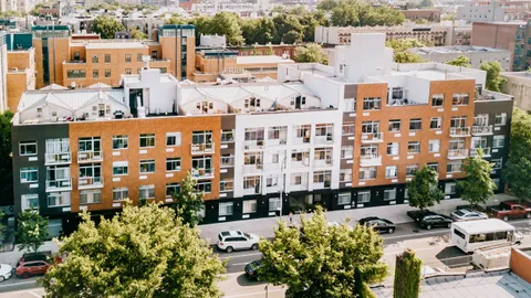 a view of a building with a garden and plants