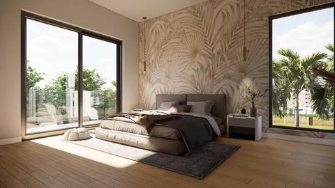 a spacious bedroom with a large bed and a large window with outer view