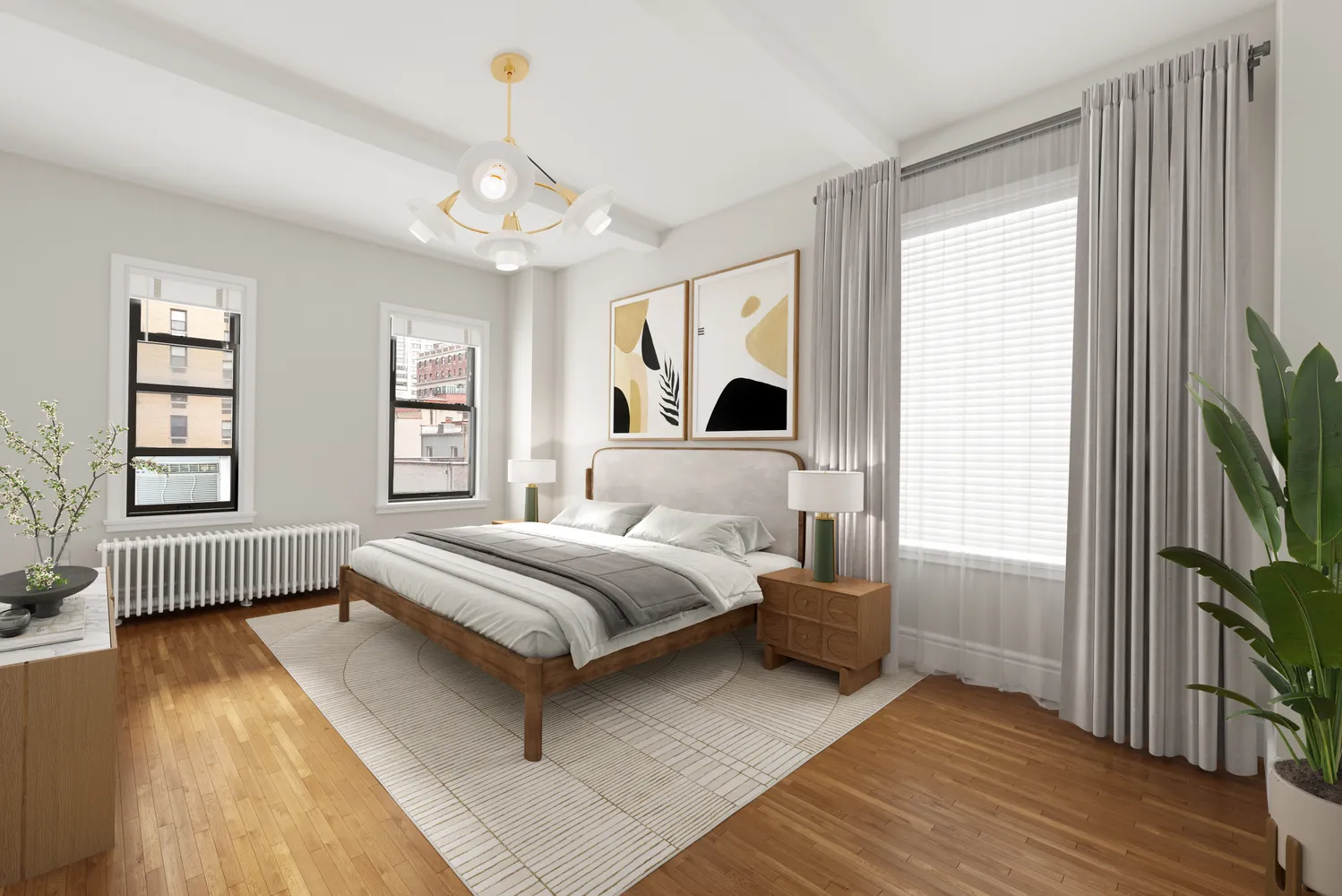 77 Park Avenue, Unit 6G Manhattan, NY 10016 - Photo 2 of 6 a spacious bedroom with a balcony a bed and a chandelier