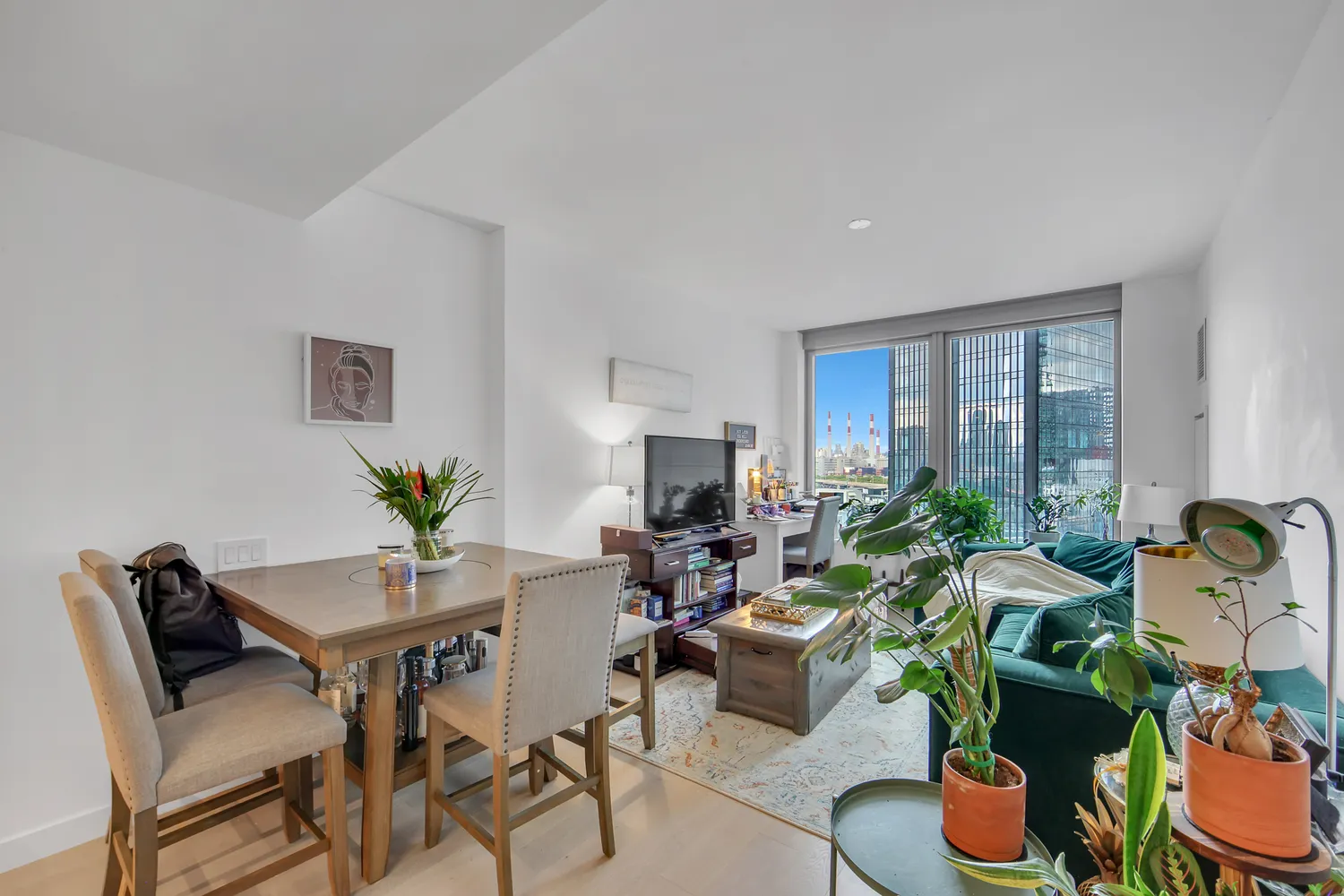 a living room with furniture and a potted plant