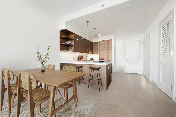 a view of a dining room with furniture
