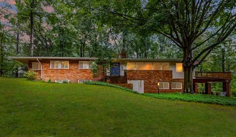 a view of a house with backyard and a tree