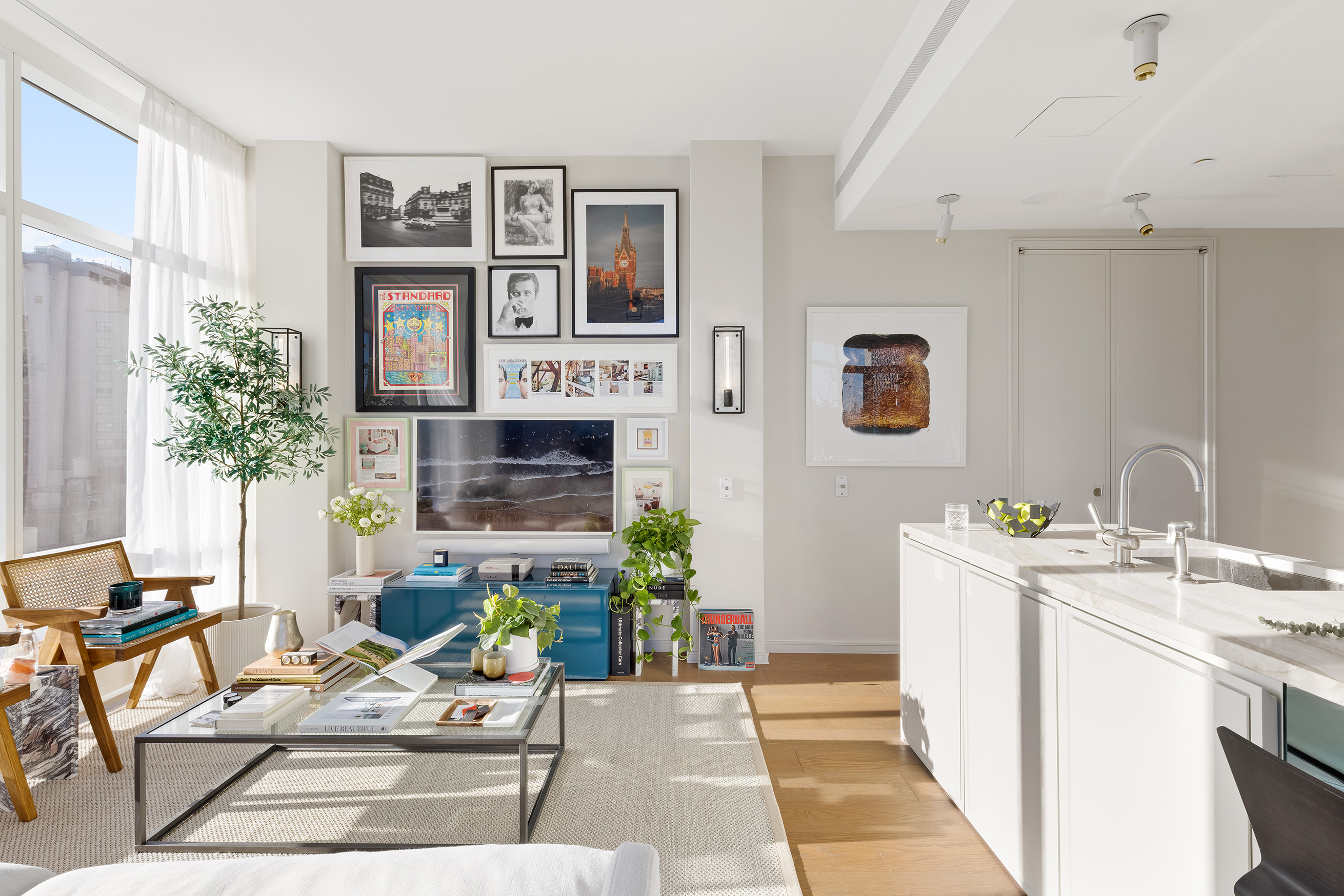 5 Beekman Street, Unit 20B Manhattan, NY 10038 - Photo 4 of 12 a living room with furniture a fireplace and a potted plant