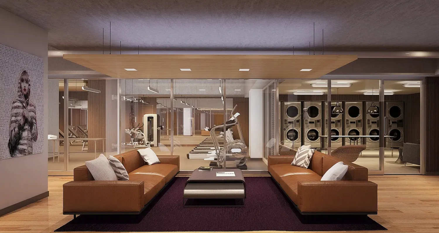 a living room with furniture and chandelier