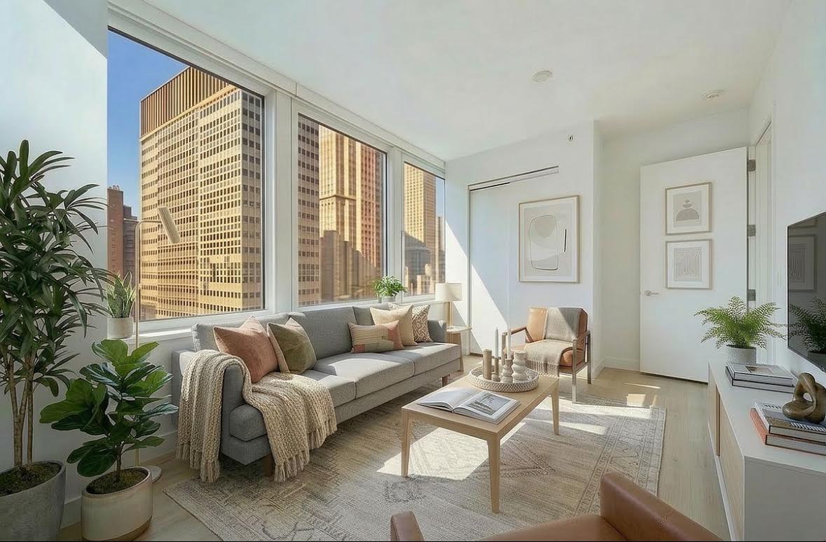 160 Water Street, Unit 3M Manhattan, NY 10038 - Photo 6 of 21 a living room with furniture and a large window