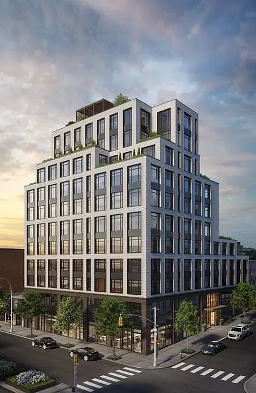 a front view of a building with street view