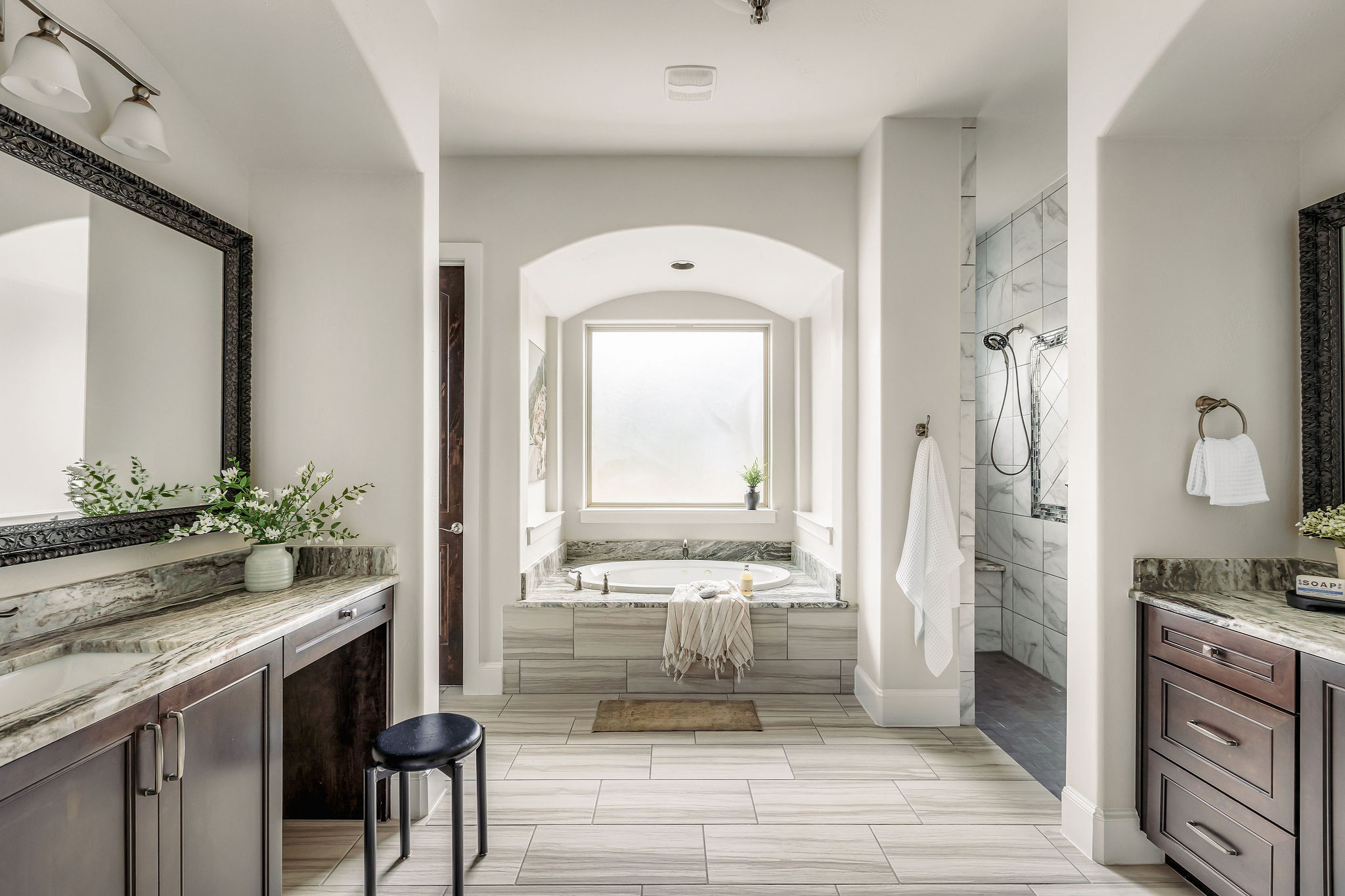 812 Jennings Branch Georgetown, TX 78633 - Photo 40 of 100 a bathroom with a granite countertop sink a mirror and a shower